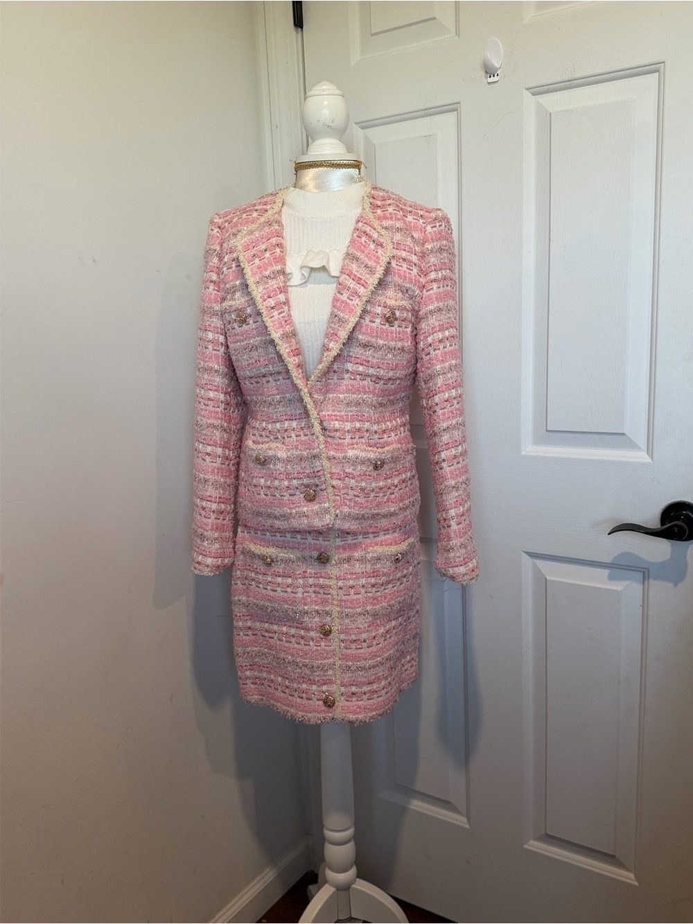 Pink Tweed Double-Breasted Blazer Dress